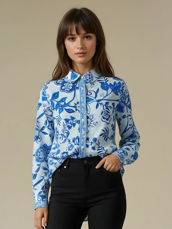 Avani Del Amour Shirt Blue and White Geometric Printed Classic Button Down Shirt