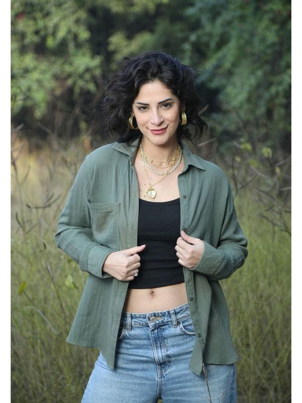Avani Del Amour Shirt Boho Peace Sign Shirt in Olive Green – Double Gauze Cotton