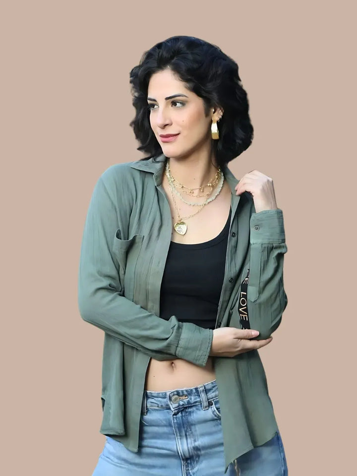 Avani Del Amour Shirt Boho Peace Sign Shirt in Olive Green – Double Gauze Cotton