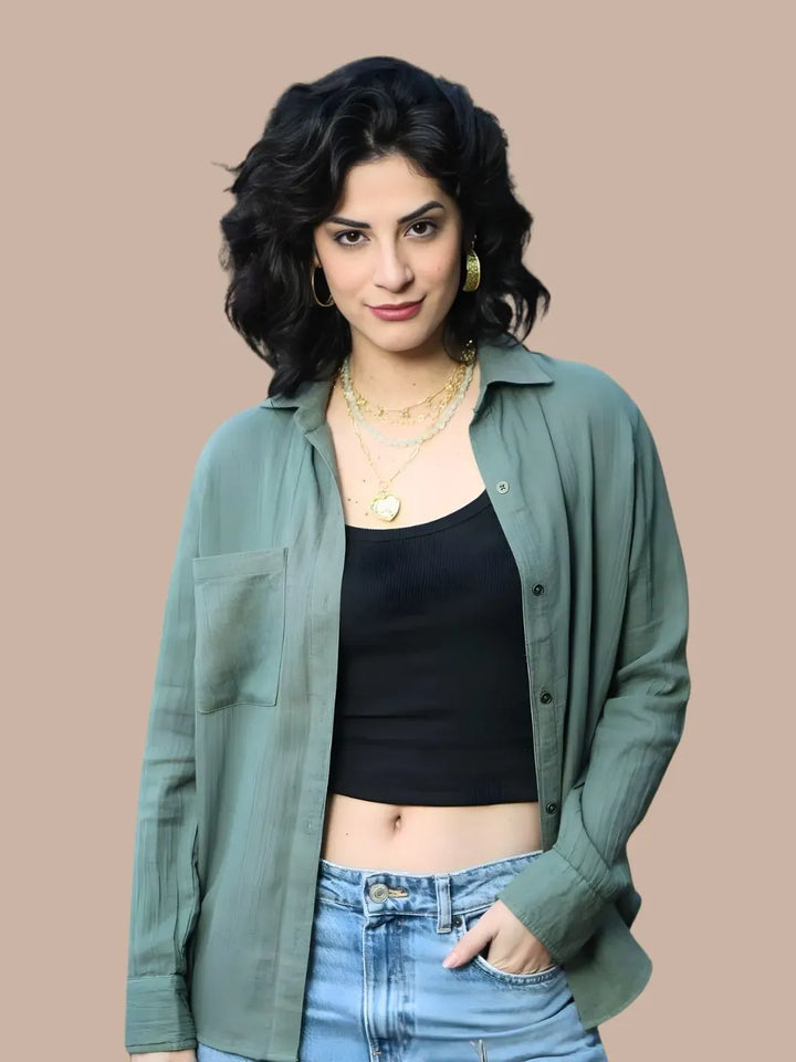 Avani Del Amour Shirt Boho Peace Sign Shirt in Olive Green – Double Gauze Cotton