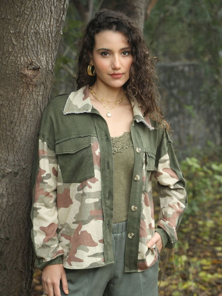 Avani Del Amour Shirt Camo and Corduroy Patch Shirt – Olive Green Cotton Blend