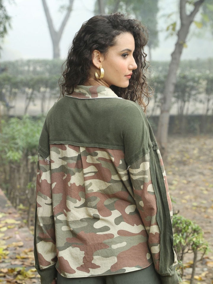 Avani Del Amour Shirt Camo and Corduroy Patch Shirt – Olive Green Cotton Blend
