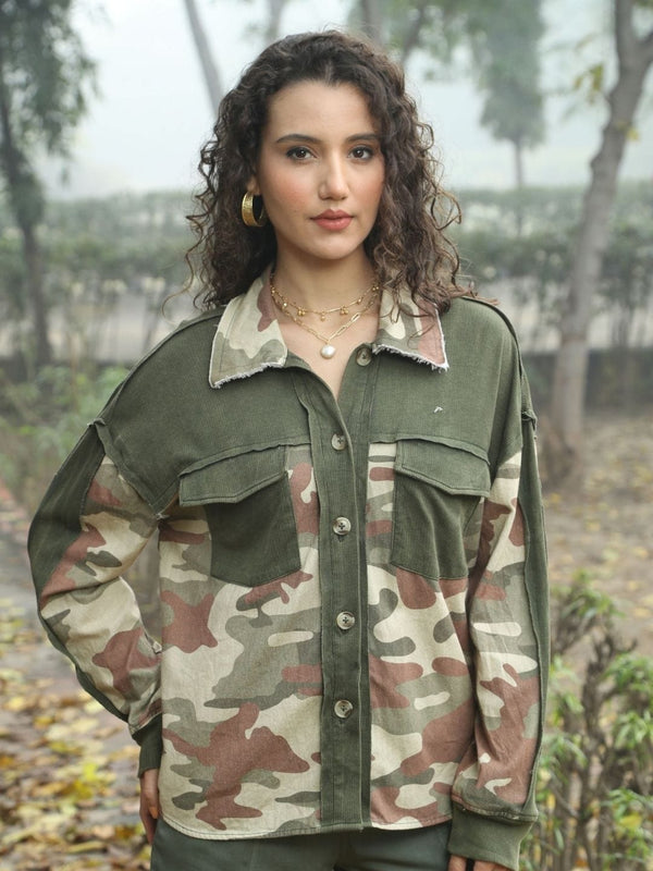 Avani Del Amour Shirt Camo and Corduroy Patch Shirt – Olive Green Cotton Blend
