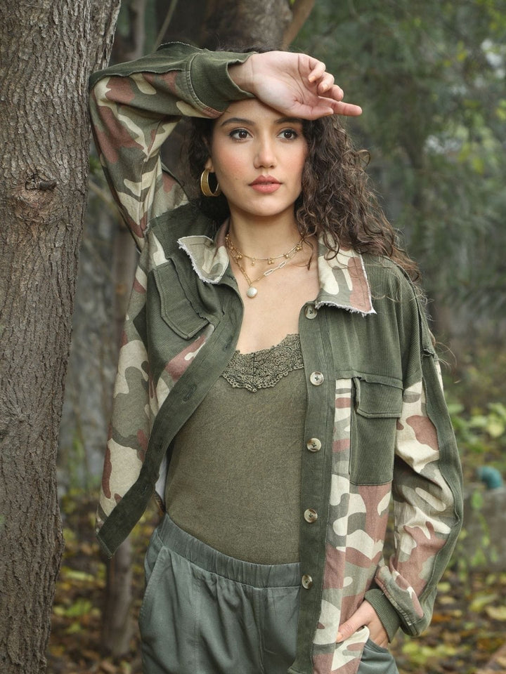 Avani Del Amour Shirt Camo and Corduroy Patch Shirt – Olive Green Cotton Blend