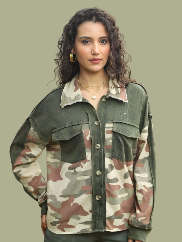 Avani Del Amour Shirt Camo and Corduroy Patch Shirt – Olive Green Cotton Blend