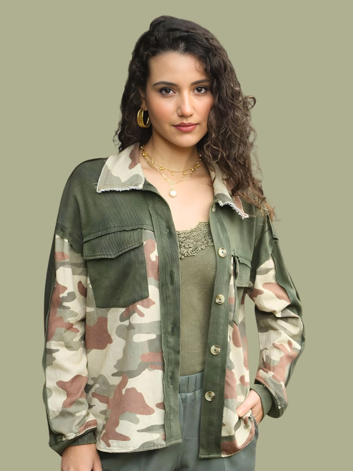 Avani Del Amour Shirt Camo and Corduroy Patch Shirt – Olive Green Cotton Blend