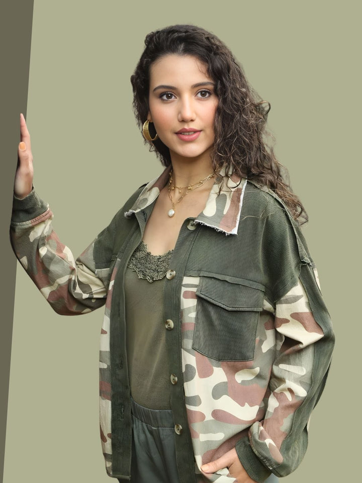 Avani Del Amour Shirt Camo and Corduroy Patch Shirt – Olive Green Cotton Blend
