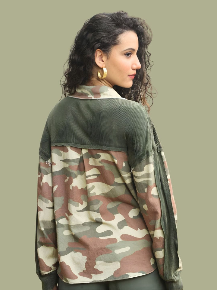 Avani Del Amour Shirt Camo and Corduroy Patch Shirt – Olive Green Cotton Blend