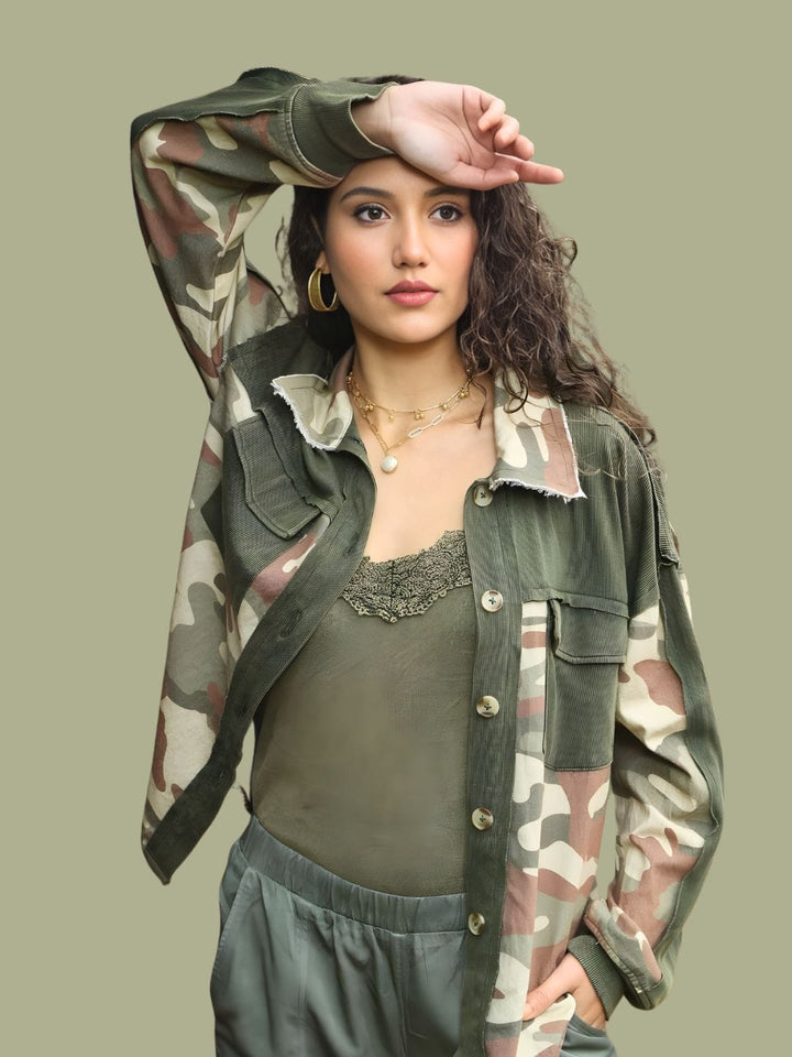 Avani Del Amour Shirt Camo and Corduroy Patch Shirt – Olive Green Cotton Blend