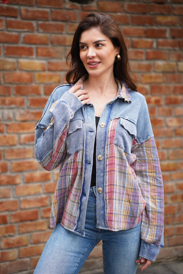 Avani Del Amour Shirt Enzyme Wash Twill & Plaid Flannel Button Front Shirt