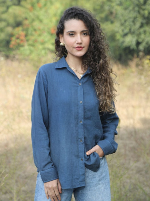 Avani Del Amour Shirt Heart Typography Embroidered Shirt – Indigo Blue Double Gauze Cotton