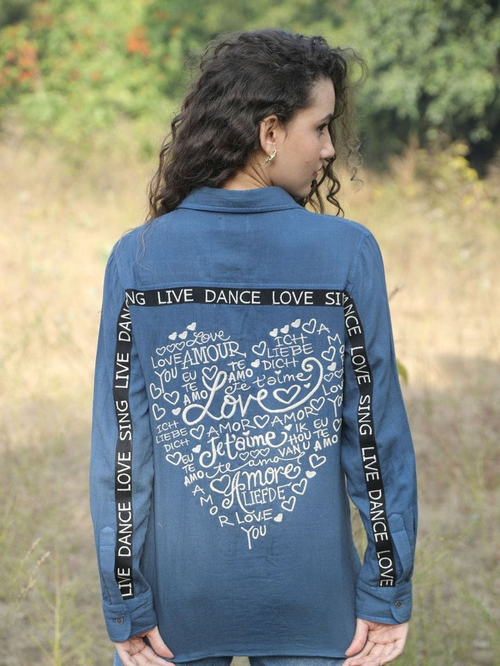 Avani Del Amour Shirt Heart Typography Embroidered Shirt – Indigo Blue Double Gauze Cotton