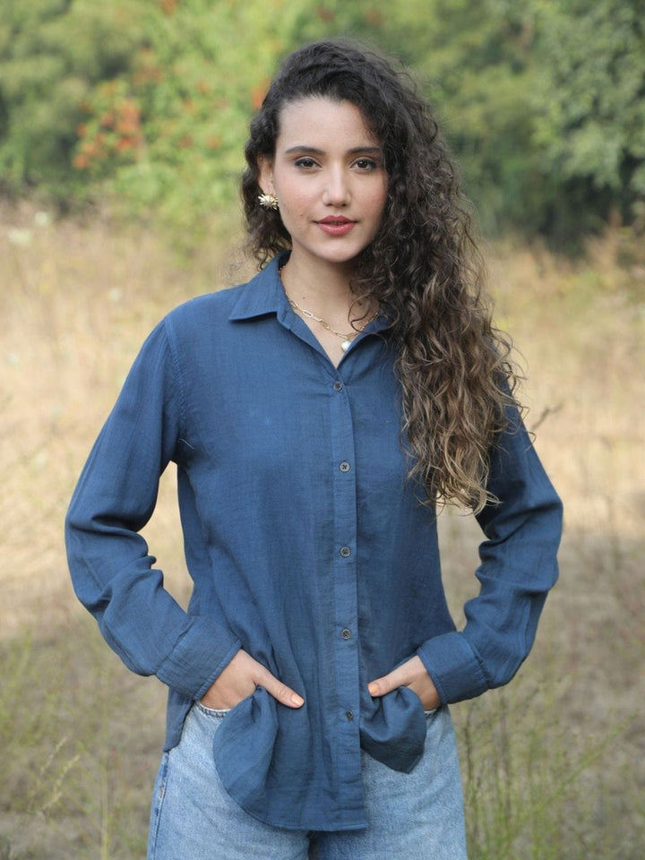 Avani Del Amour Shirt Heart Typography Embroidered Shirt – Indigo Blue Double Gauze Cotton