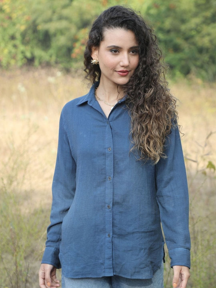 Avani Del Amour Shirt Heart Typography Embroidered Shirt – Indigo Blue Double Gauze Cotton
