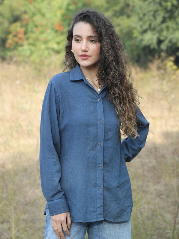 Avani Del Amour Shirt Heart Typography Embroidered Shirt – Indigo Blue Double Gauze Cotton