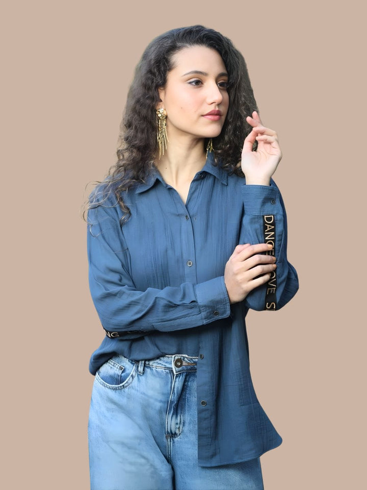 Avani Del Amour Shirt Heart Typography Embroidered Shirt – Indigo Blue Double Gauze Cotton