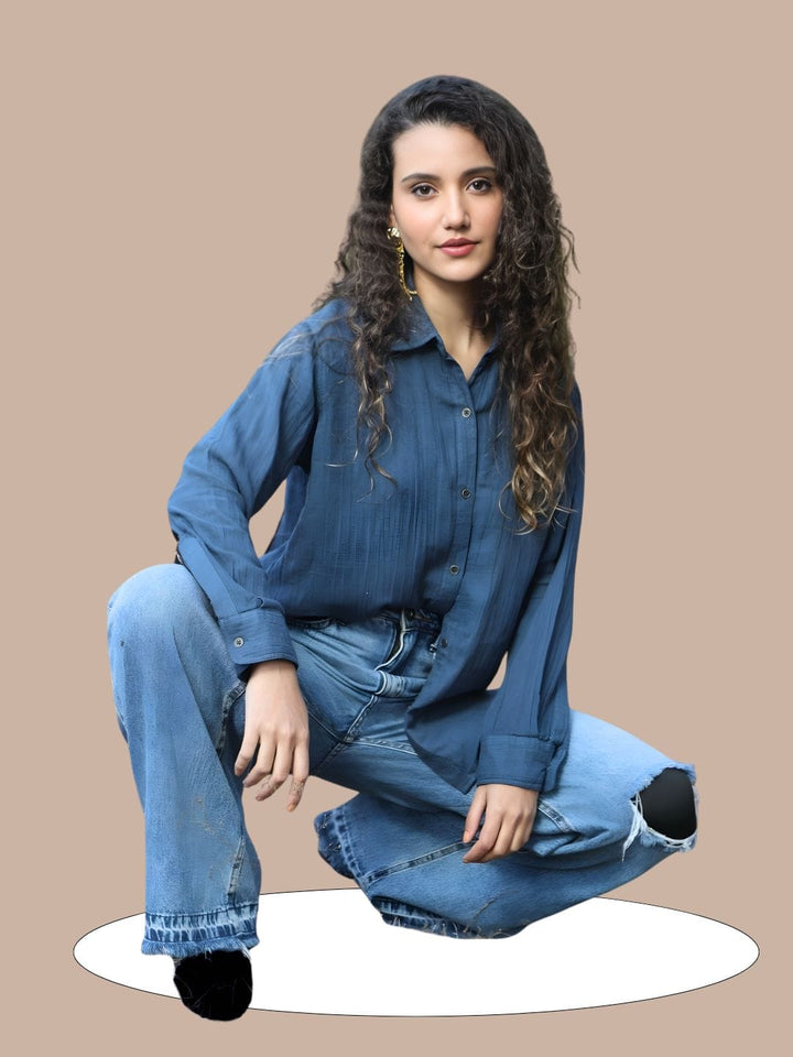 Avani Del Amour Shirt Heart Typography Embroidered Shirt – Indigo Blue Double Gauze Cotton