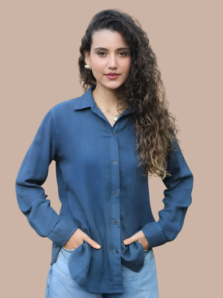 Avani Del Amour Shirt Heart Typography Embroidered Shirt – Indigo Blue Double Gauze Cotton