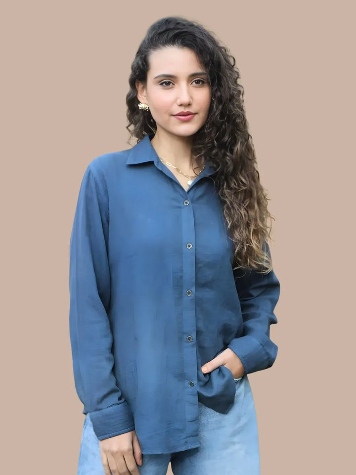 Avani Del Amour Shirt Heart Typography Embroidered Shirt – Indigo Blue Double Gauze Cotton