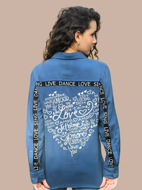 Avani Del Amour Shirt Heart Typography Embroidered Shirt – Indigo Blue Double Gauze Cotton
