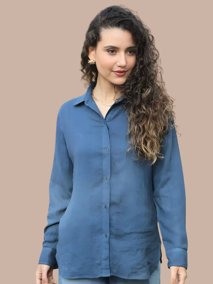 Avani Del Amour Shirt Heart Typography Embroidered Shirt – Indigo Blue Double Gauze Cotton