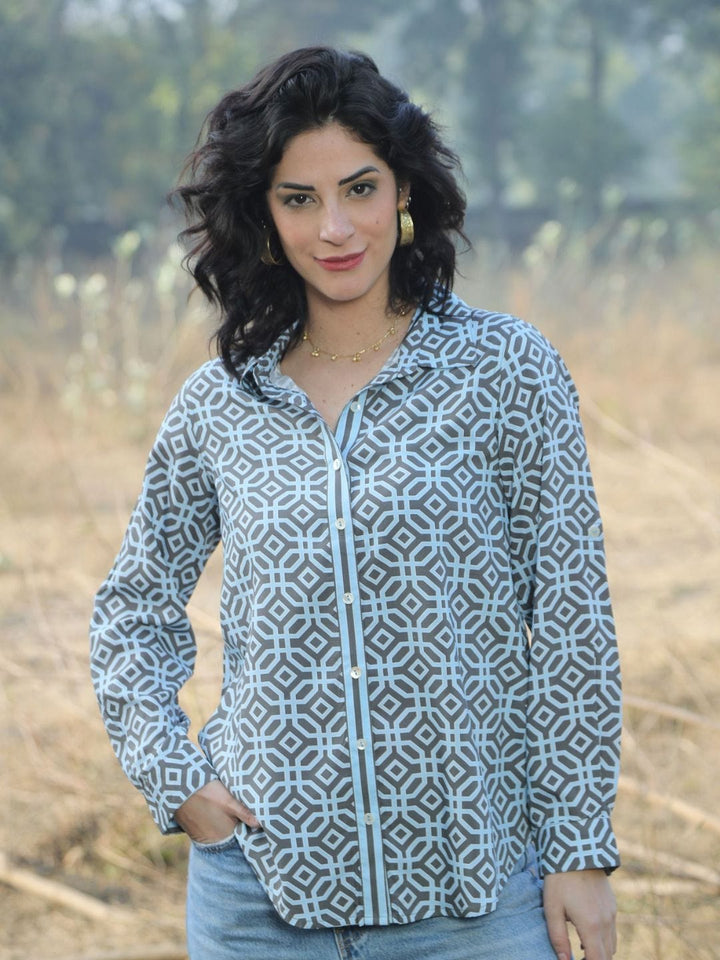 Avani Del Amour Shirt Monochrome Geometric Print Button-Down Shirt