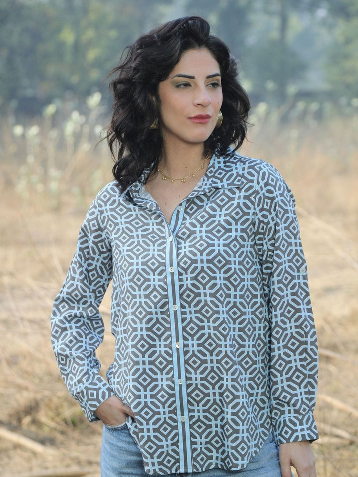 Avani Del Amour Shirt Monochrome Geometric Print Button-Down Shirt