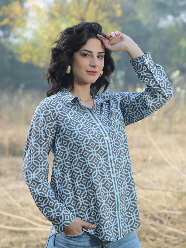 Avani Del Amour Shirt Monochrome Geometric Print Button-Down Shirt