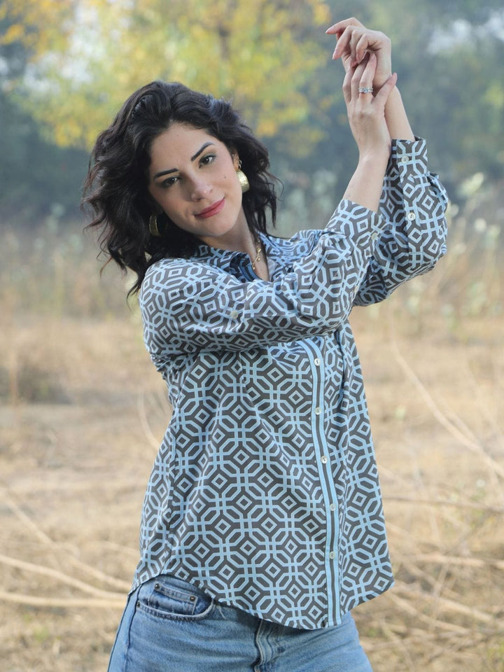 Avani Del Amour Shirt Monochrome Geometric Print Button-Down Shirt