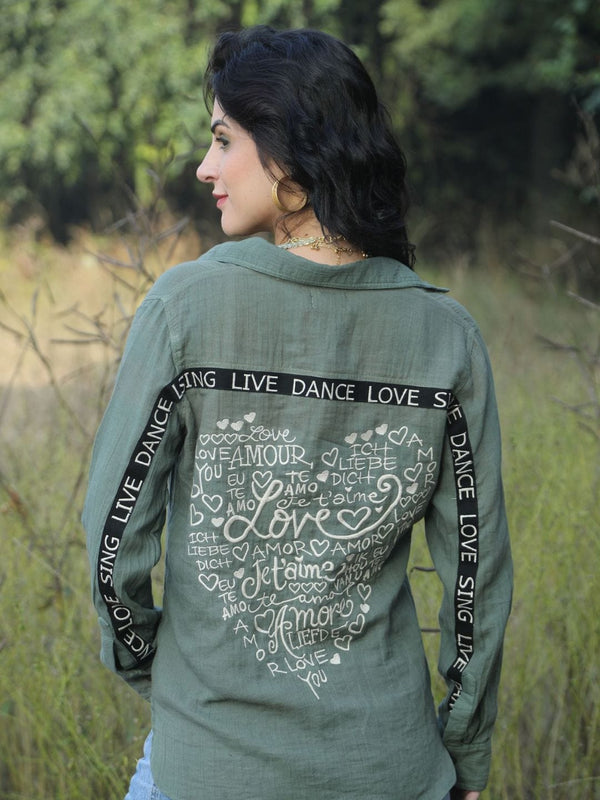 Avani Del Amour Shirt Olive cotton gauze blouse with heart embroidery