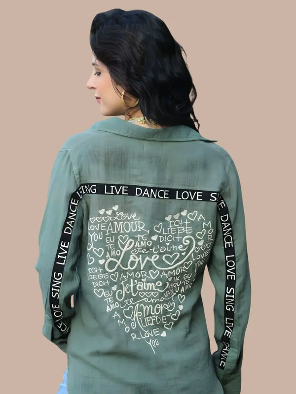 Avani Del Amour Shirt Olive cotton gauze blouse with heart embroidery