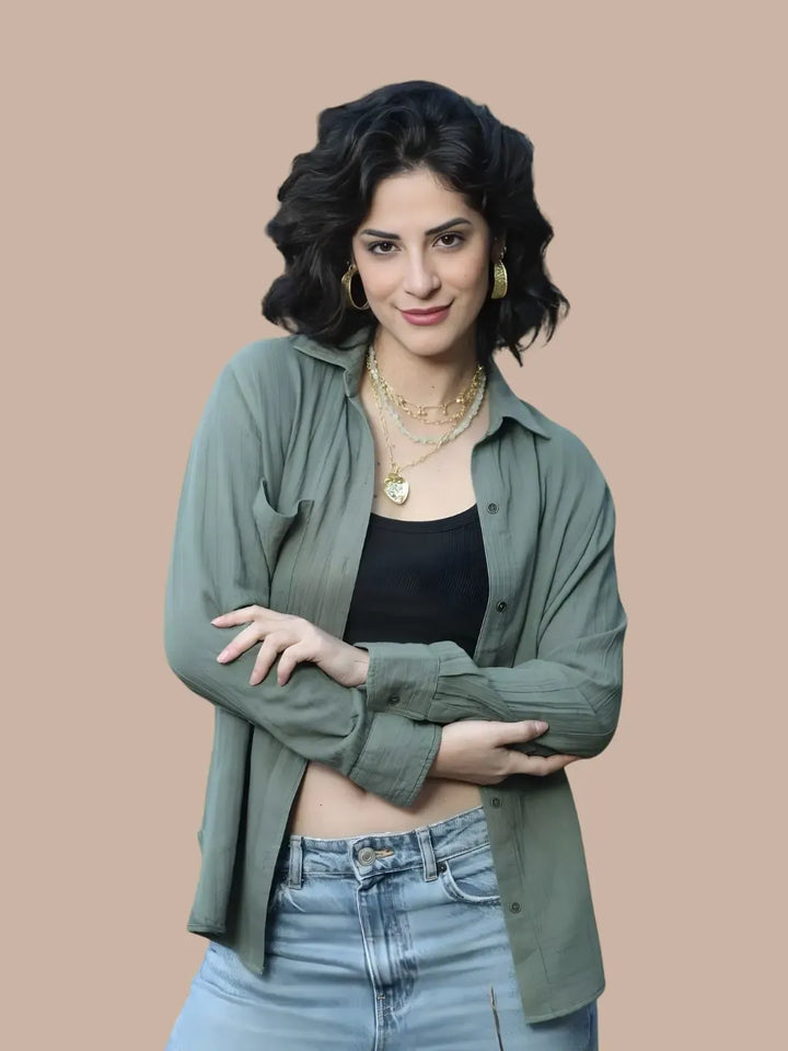 Avani Del Amour Shirt Olive cotton gauze blouse with heart embroidery