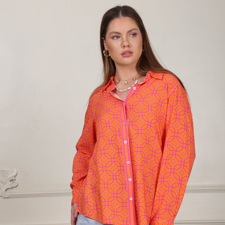 Avani Del Amour Shirt Orange Geometric Printed Classic Button Down Shirt