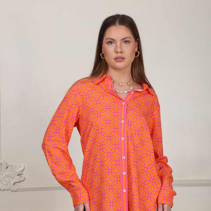 Avani Del Amour Shirt Orange Geometric Printed Classic Button Down Shirt