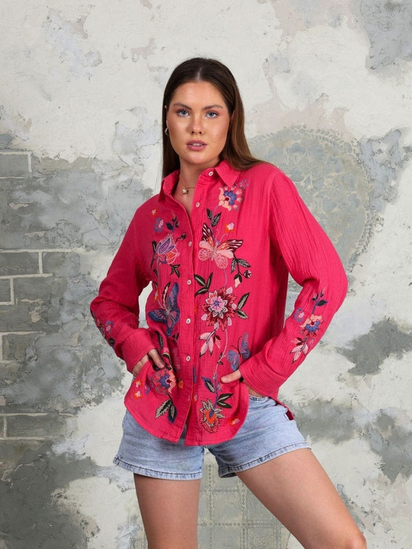 Avani Del Amour Shirt Raspberry Embroidered Button-Down Shirt