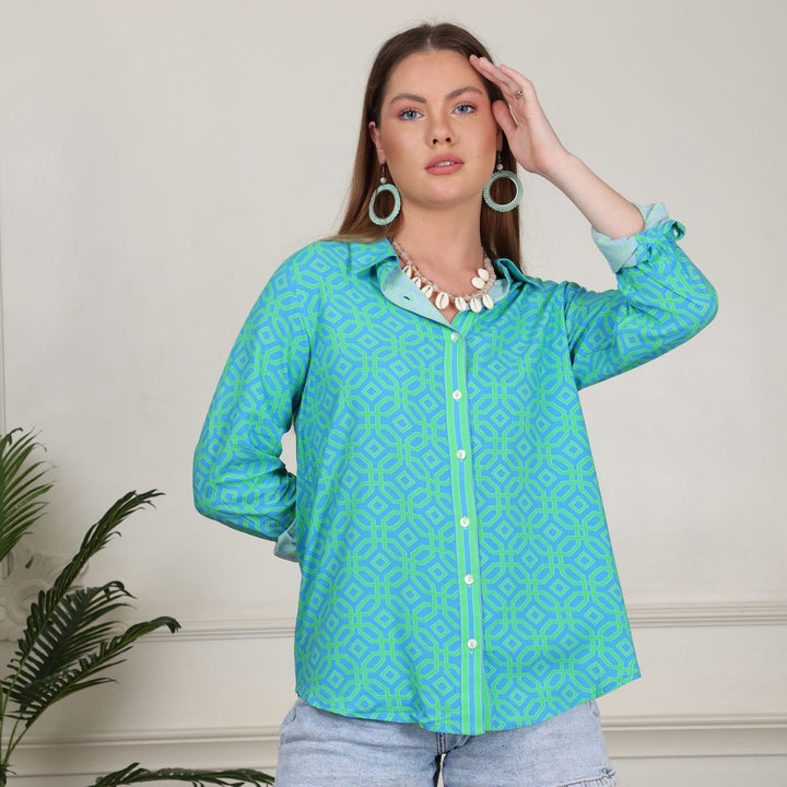 Avani Del Amour Shirt Turquoise Geometric Printed Classic Button Down Shirt