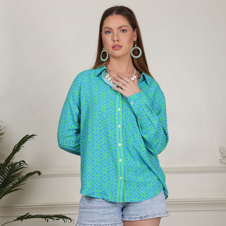 Avani Del Amour Shirt Turquoise Geometric Printed Classic Button Down Shirt