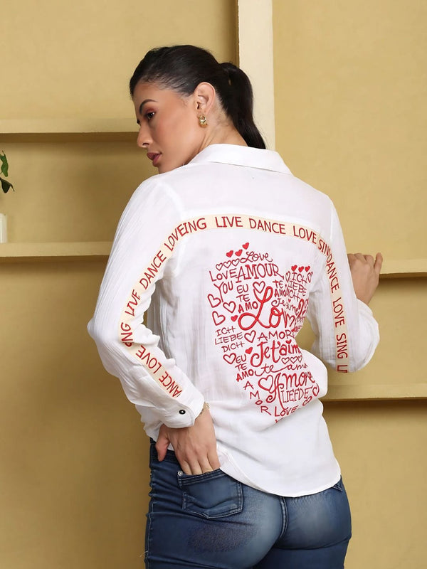 Avani Del Amour Shirt White cotton gauze blouse with heart embroidery
