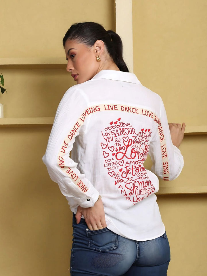Avani Del Amour Shirt White cotton gauze blouse with heart embroidery