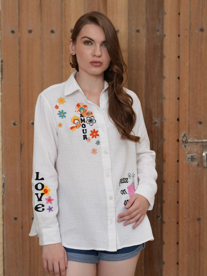 Avani Del Amour Shirt White Embroidered Motif Cotton Shirt