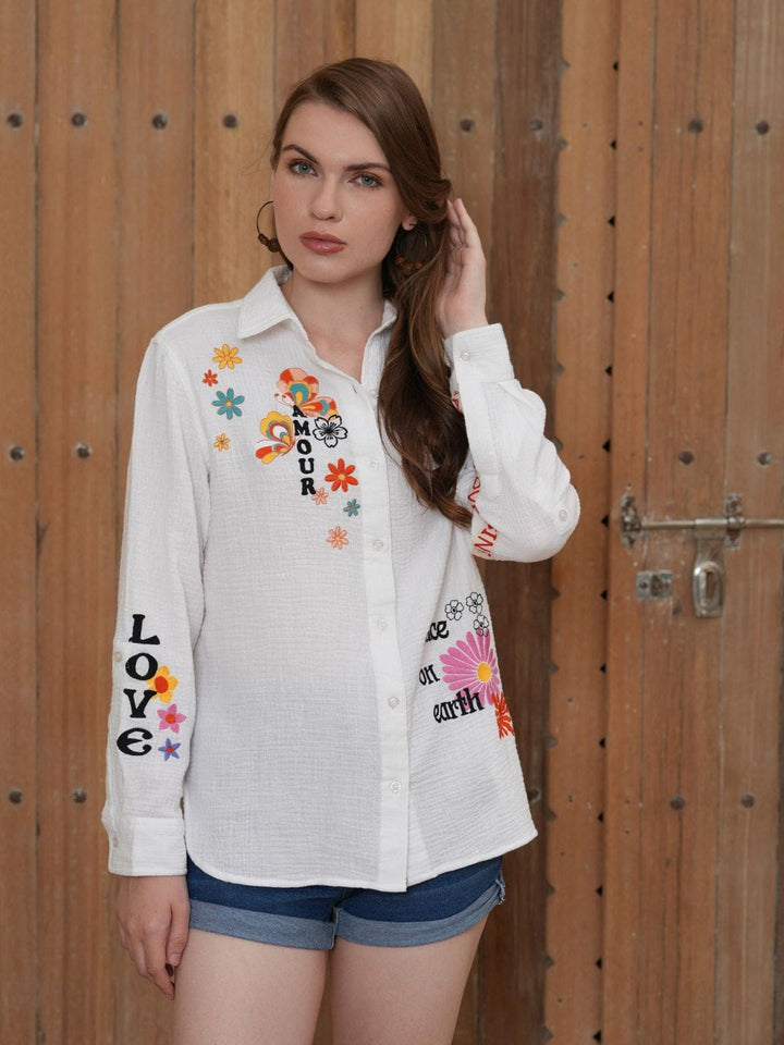 Avani Del Amour Shirt White Embroidered Motif Cotton Shirt