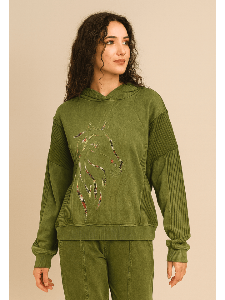 Avani Del Amour Sweatshirt Textured Horse Motif Hoodie Sweatshirt – Olive Green