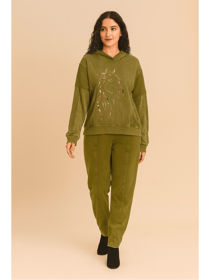 Avani Del Amour Sweatshirt Textured Horse Motif Hoodie Sweatshirt – Olive Green