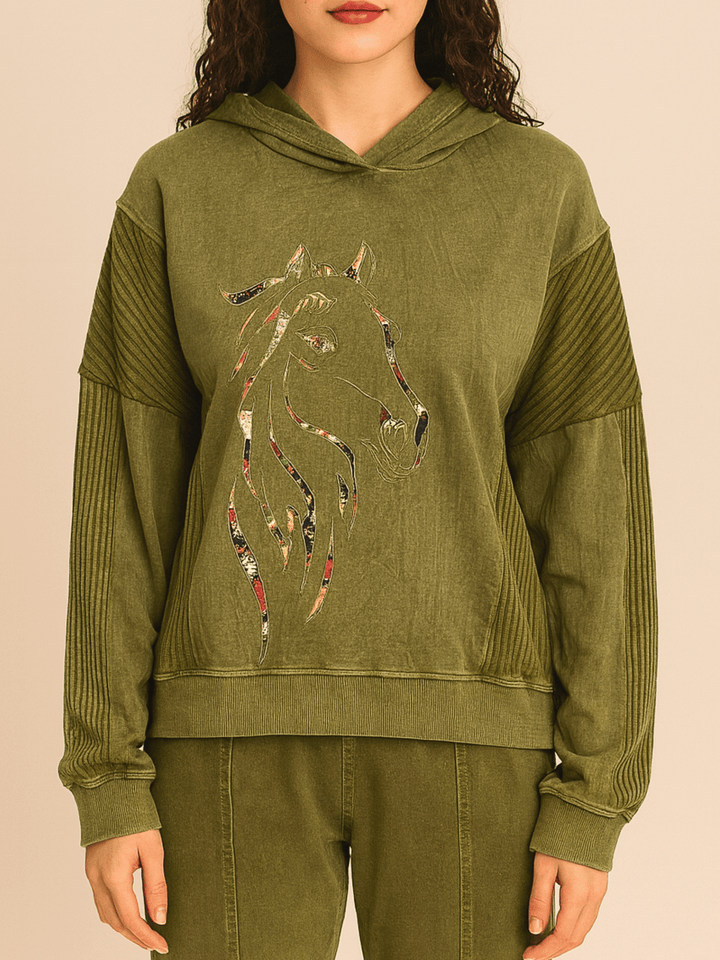 Avani Del Amour Sweatshirt Textured Horse Motif Hoodie Sweatshirt – Olive Green