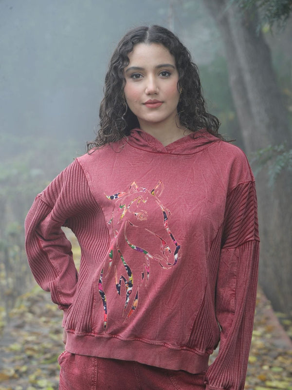 Avani Del Amour Sweatshirt Wine Red Rustic Horse Motif Hooded Sweatshirt