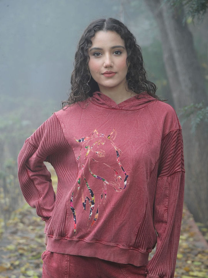 Avani Del Amour Sweatshirt Wine Red Rustic Horse Motif Hooded Sweatshirt