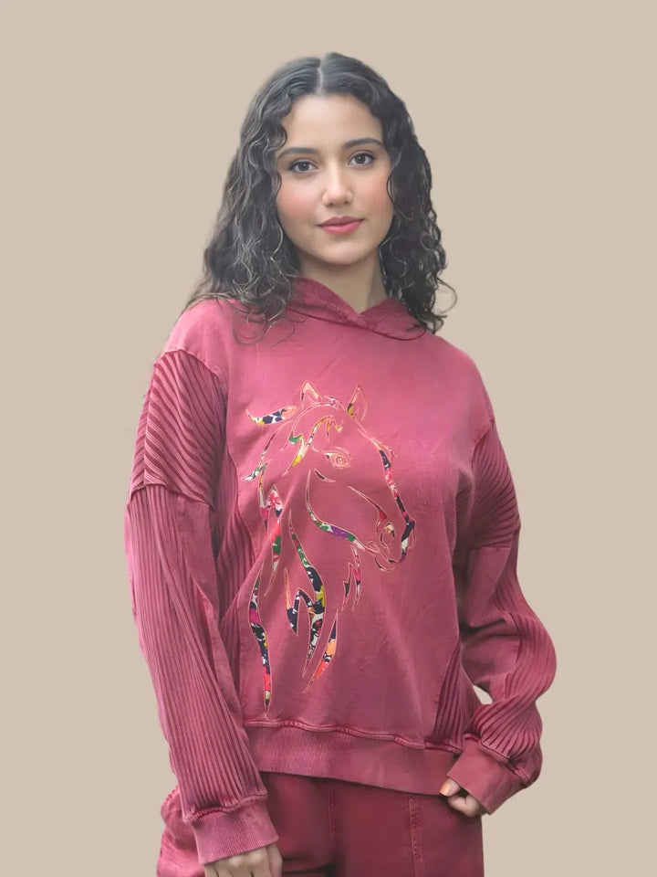 Avani Del Amour Sweatshirt Wine Red Rustic Horse Motif Hooded Sweatshirt