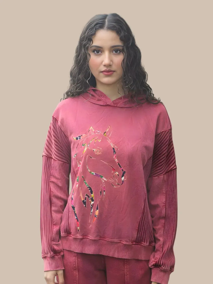 Avani Del Amour Sweatshirt Wine Red Rustic Horse Motif Hooded Sweatshirt