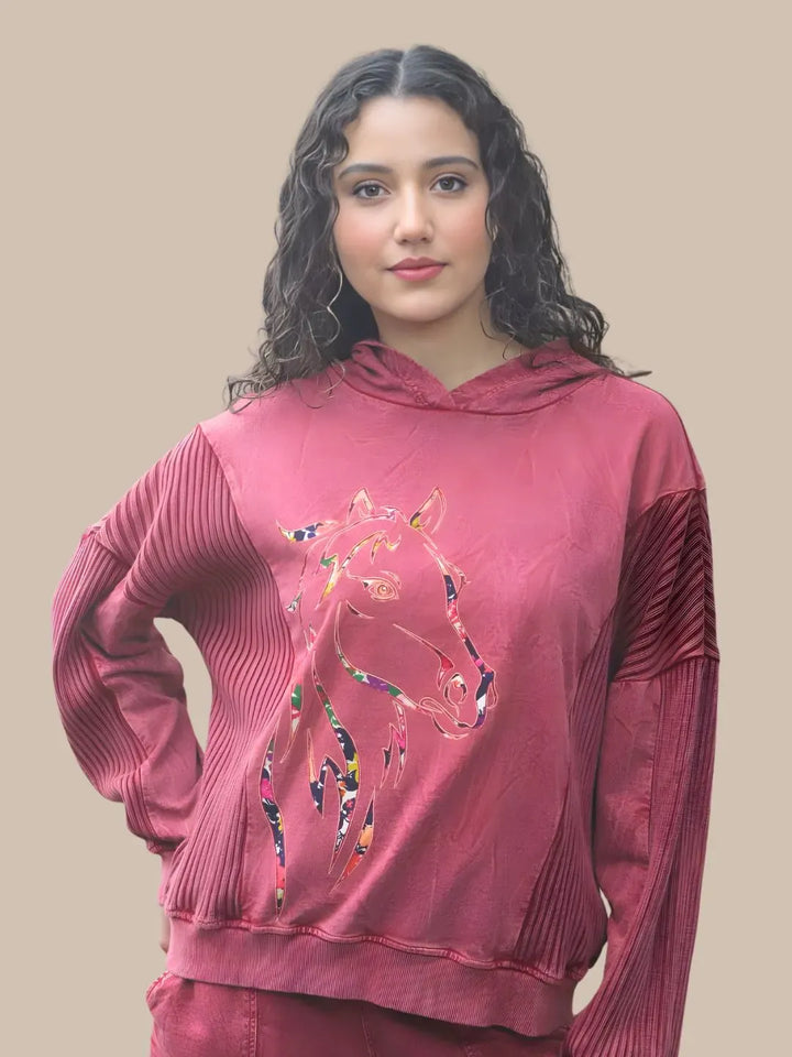 Avani Del Amour Sweatshirt Wine Red Rustic Horse Motif Hooded Sweatshirt