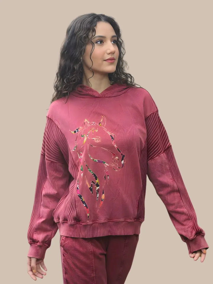 Avani Del Amour Sweatshirt Wine Red Rustic Horse Motif Hooded Sweatshirt